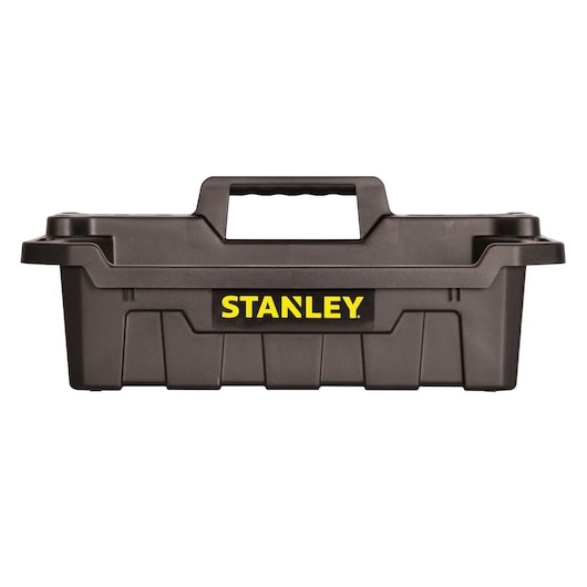 Stanley black plastic tool box front angle with yellow logo, sturdy handle, and ribbed side panels.