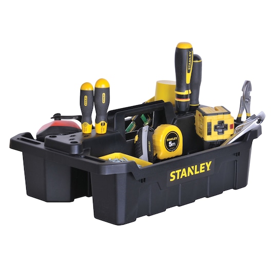 Photo of STANLEY STST41001 black tool organizer tray filled with assorted hand tools, front angle.