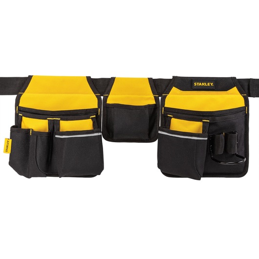 Stanley black and yellow tool belt with multiple pockets and compartments for organizing tools.