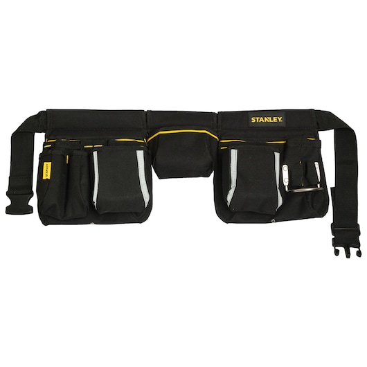 STANLEY STST511304 tool belt with multiple black and yellow pouches, front view on white background.