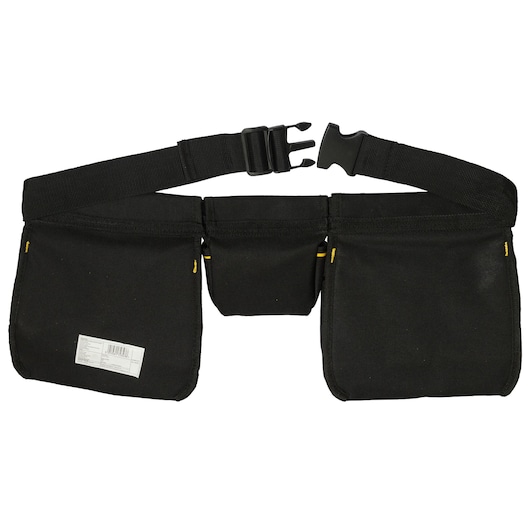 STANLEY STST511304 black tool belt with three pockets, adjustable strap, front angle, white background.