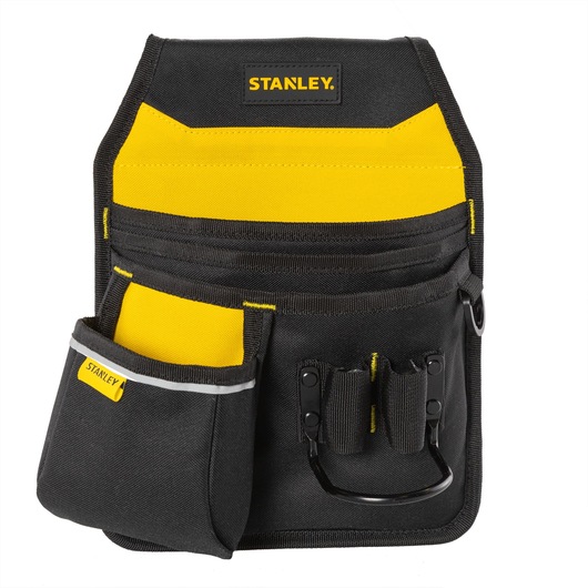 Stanley STST511324LA tool pouch front angle, black with yellow trim, filled with hand tools and a hammer.