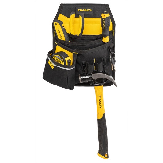 Stanley tool belt with pockets, tape measure, hammer, screwdriver, and pliers. Black and yellow design.