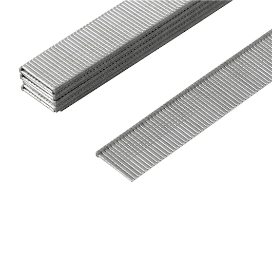 STANLEY SWKBN625S silver metal finish brad nails, product photography on white background, flat angle.