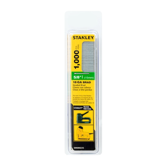 STANLEY SWKBN625S 18 GA brad nails, 5/8 inch length, 1,000-pack, front angle on white background.