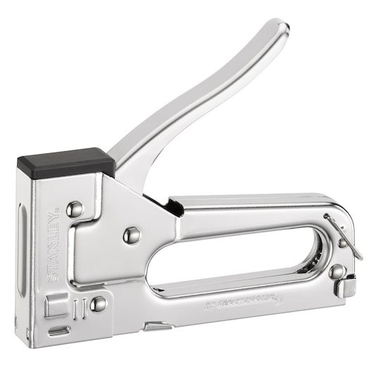 STANLEY TR45 silver manual staple gun, side view, with black accents, on white background.