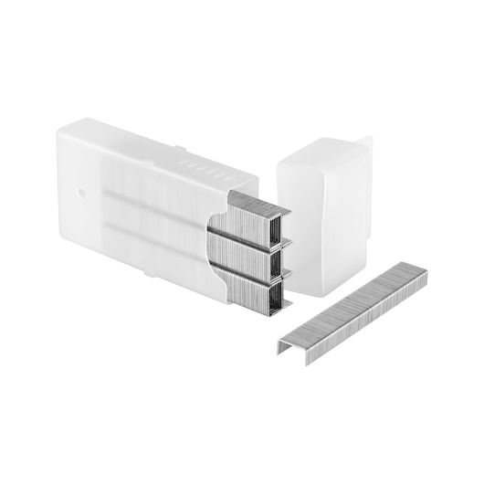 STANLEY TRA204T staples in a white plastic case, front angle, showing silver metal strips.